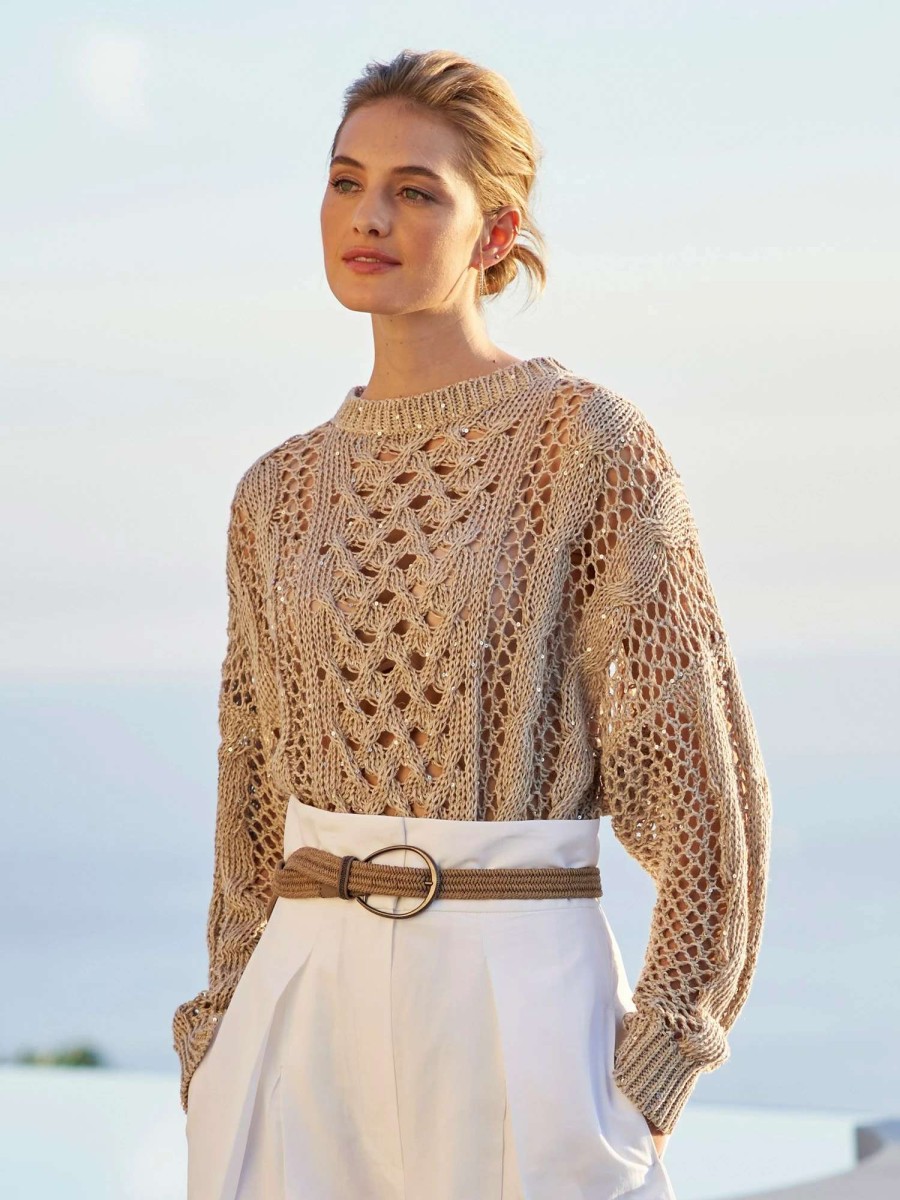 Sweaters * | Brunello Cucinelli Paillette Linen Sweater Sand