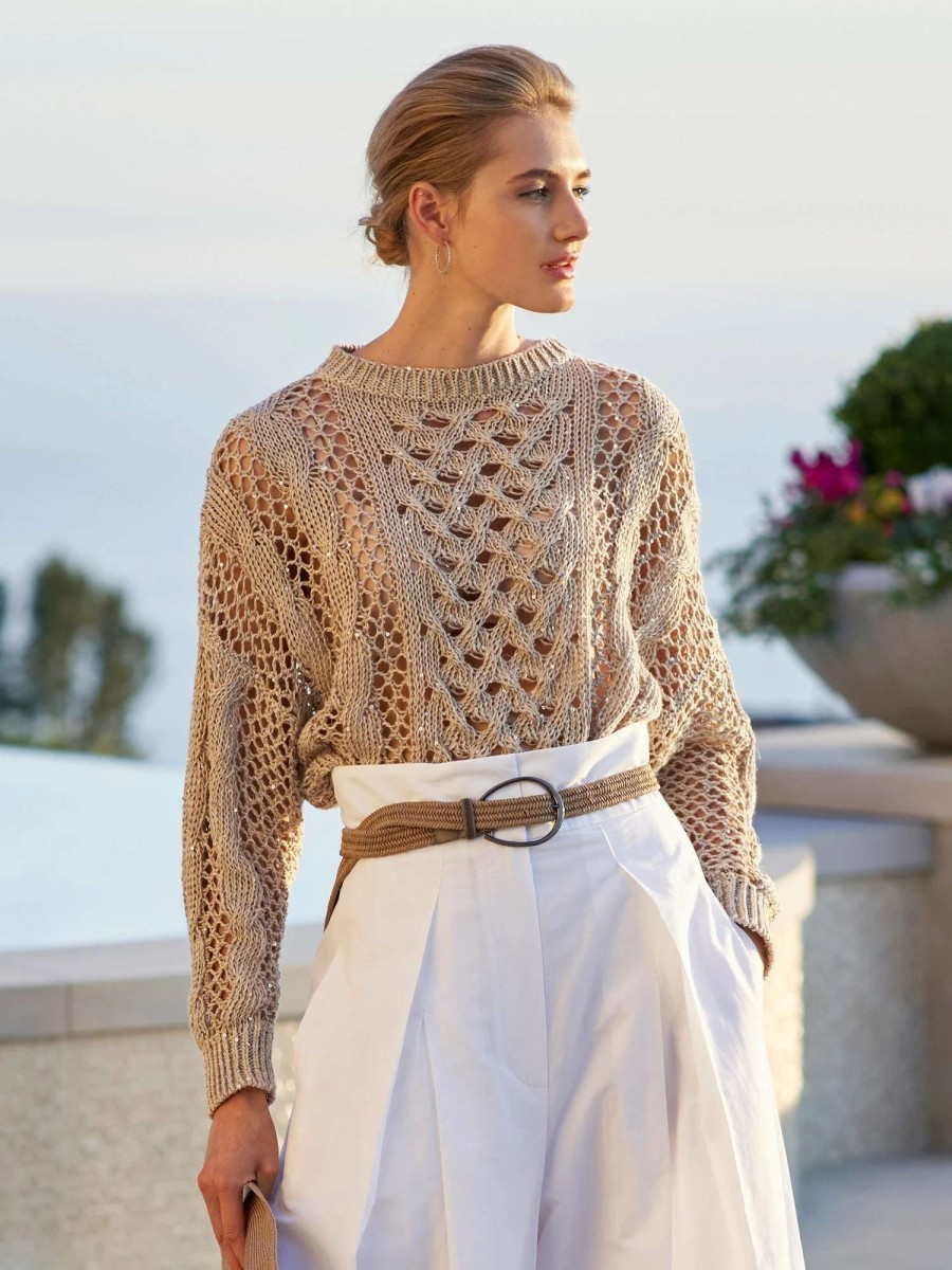 Sweaters * | Brunello Cucinelli Paillette Linen Sweater Sand