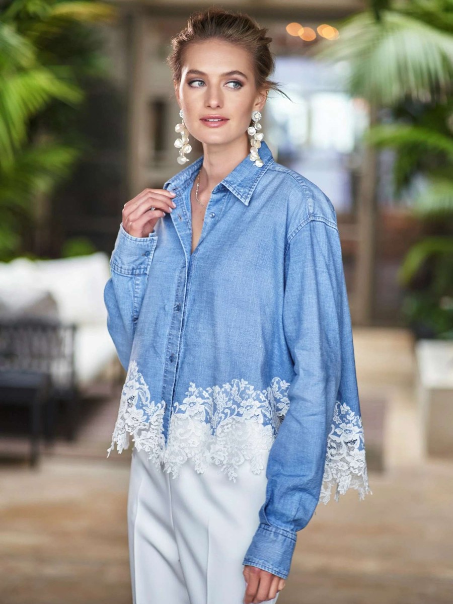 Shirts & Blouses * | Ermanno Scervino Ellis Lace Chambray Shirt Blue