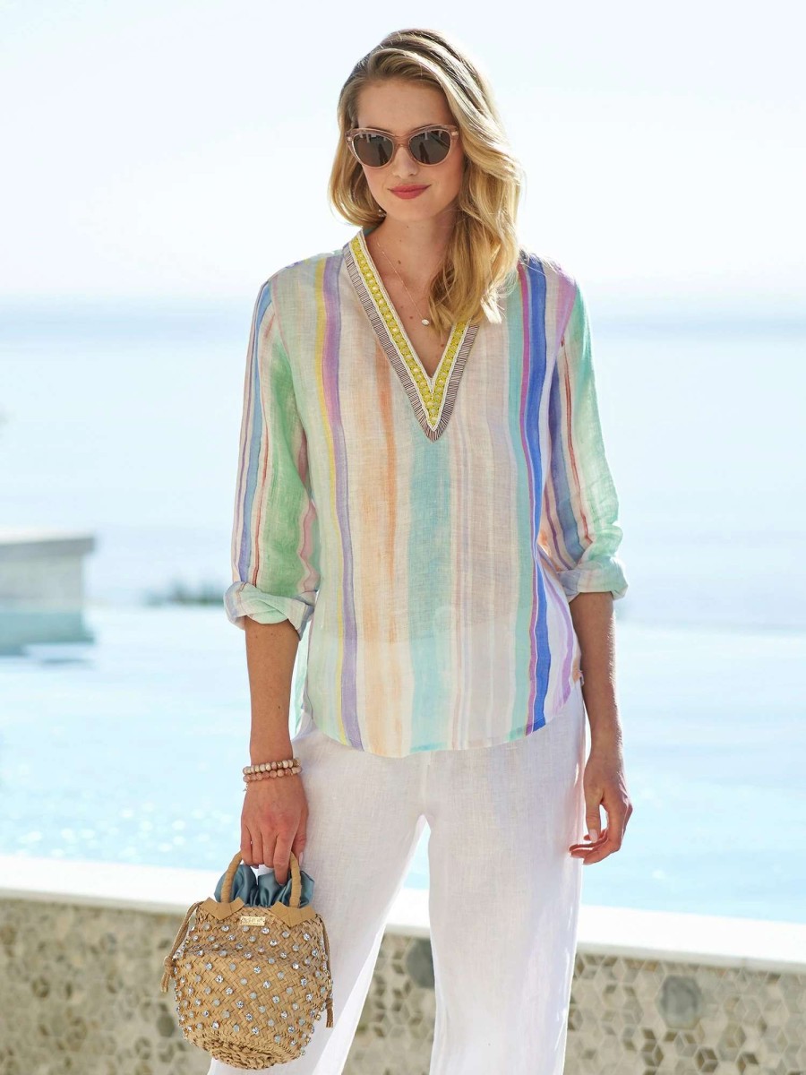 Shirts & Blouses * | 120% Lino Lia Stripe Linen Top Watercolor