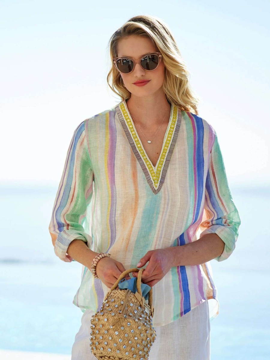 Shirts & Blouses * | 120% Lino Lia Stripe Linen Top Watercolor