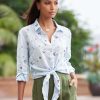 Shirts & Blouses * | 120% Lino Adley Embroidered Tie Linen Shirt Blue