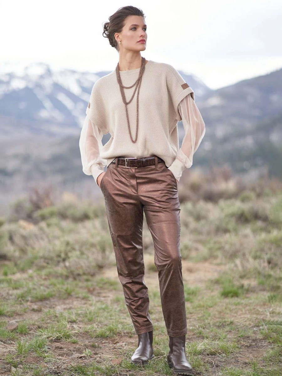 Pants * | Brunello Cucinelli Metallic Suede Pant Brown