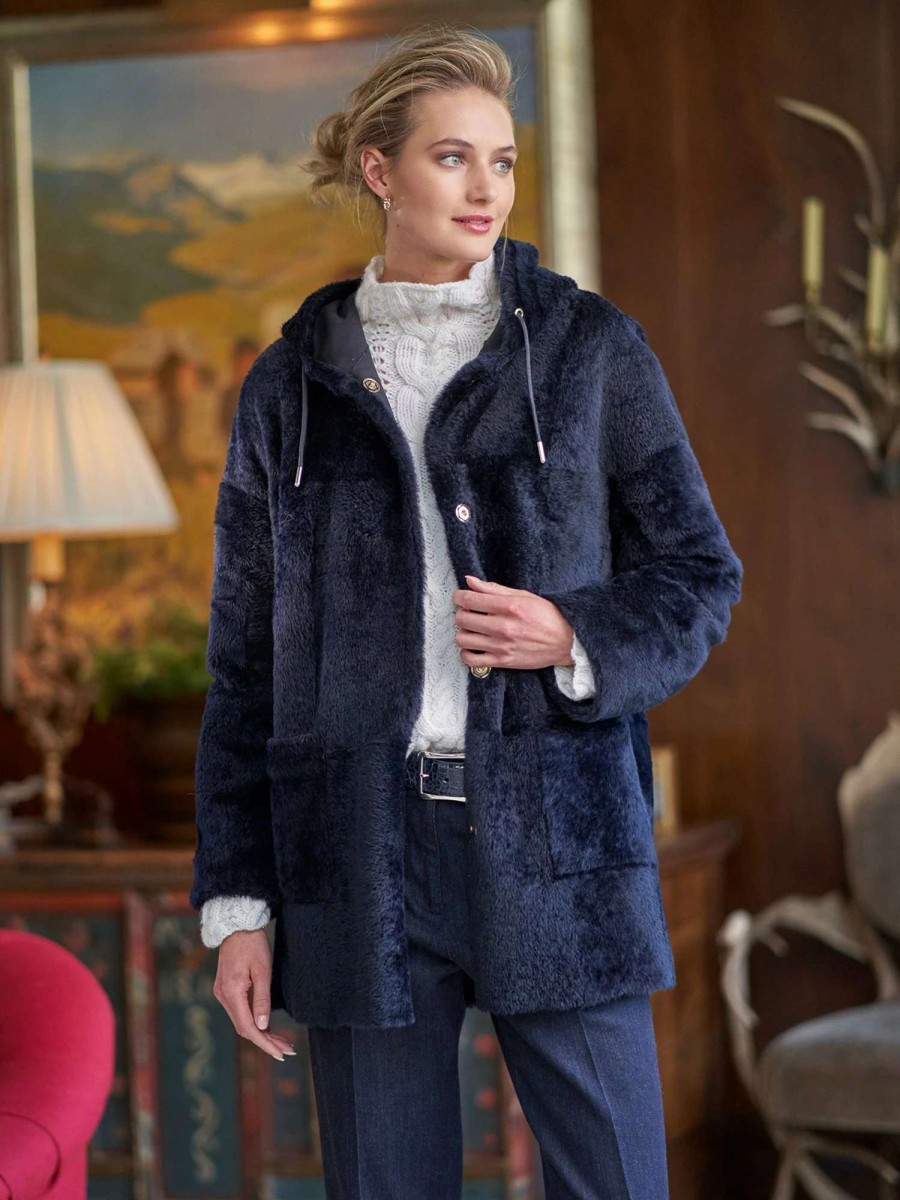 Outerwear * | Phoebe Shearling Coat Navy