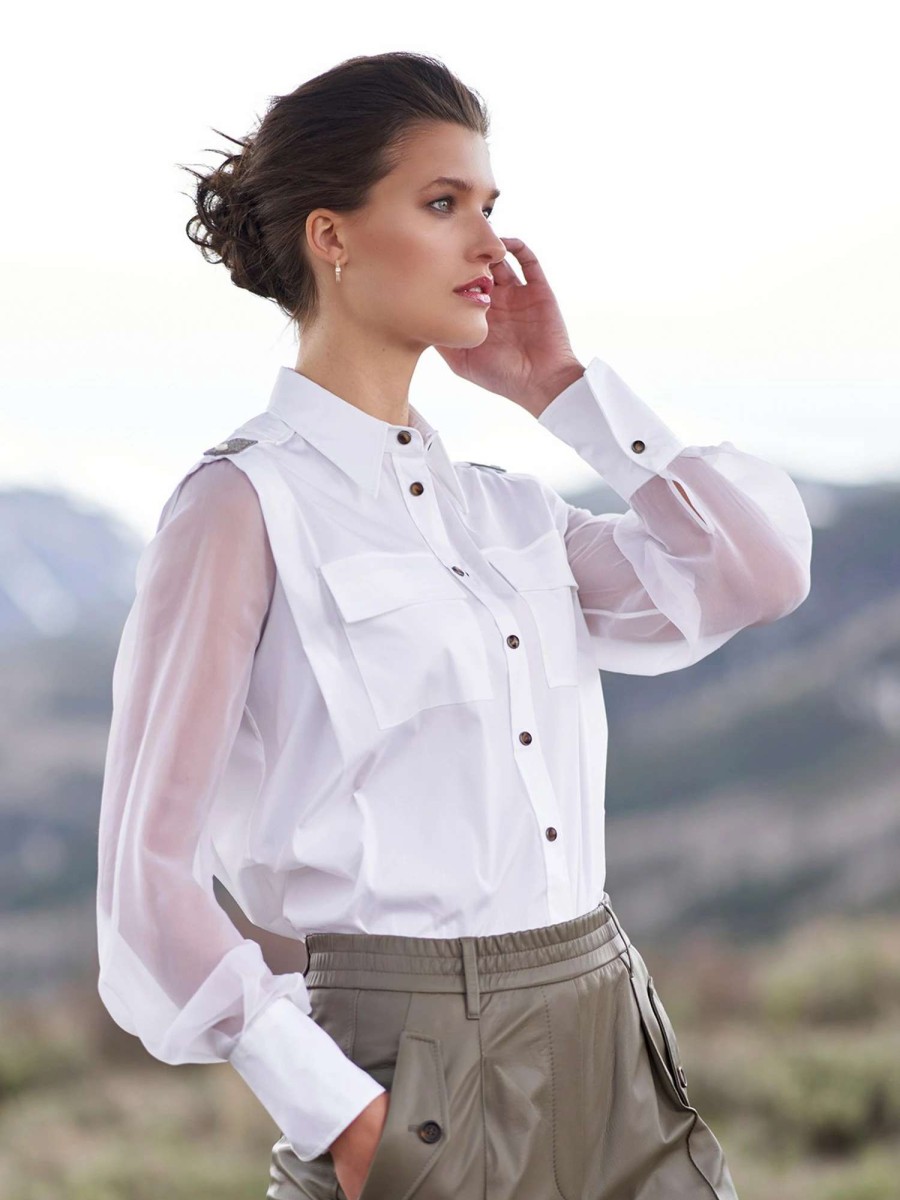 Shirts & Blouses * | Brunello Cucinelli Poplin Organza Sleeve Shirt Bianco