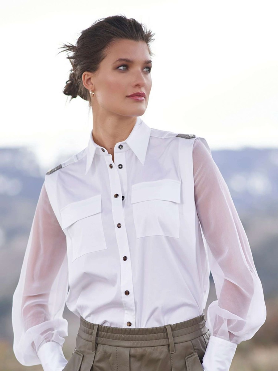 Shirts & Blouses * | Brunello Cucinelli Poplin Organza Sleeve Shirt Bianco