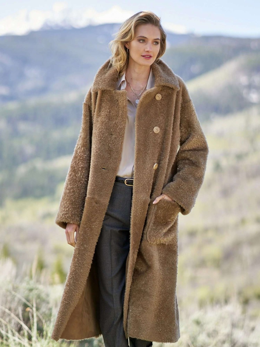 Outerwear * | Johanna Reversible Shearling Coat Caramel