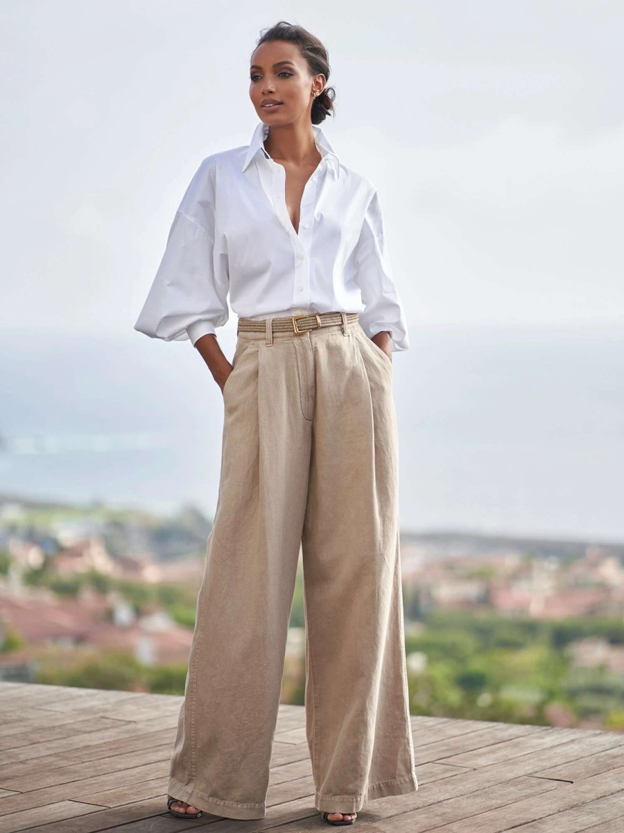 Pants * | Brunello Cucinelli Cotton And Linen Blend Wide Leg Pant Beige