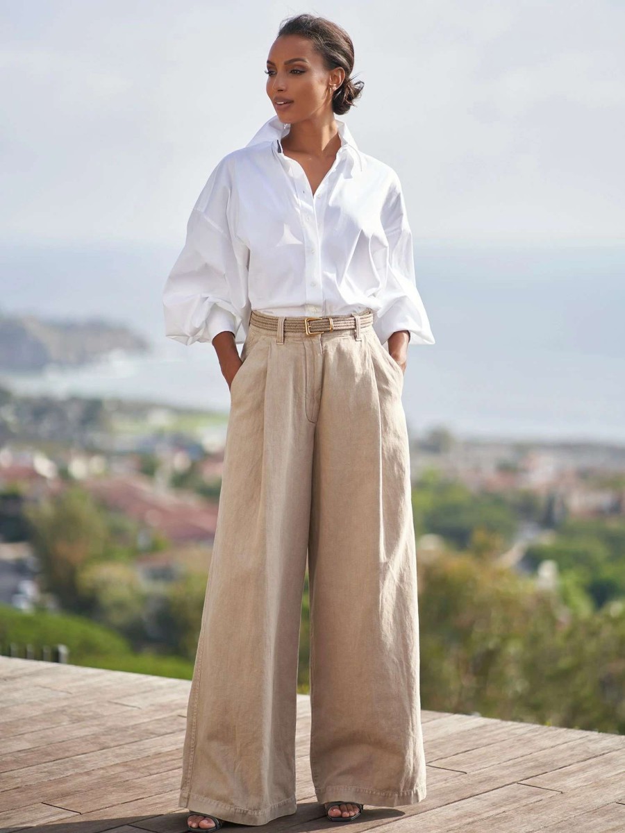 Pants * | Brunello Cucinelli Cotton And Linen Blend Wide Leg Pant Beige