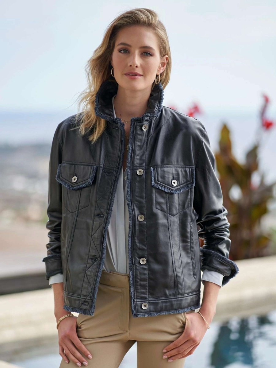 Jackets * | Natalie Washed Leather Jean Jacket Midnight