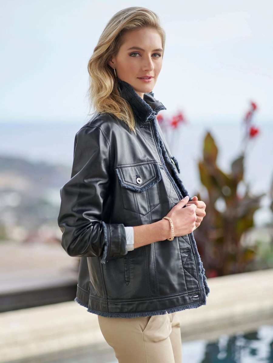 Jackets * | Natalie Washed Leather Jean Jacket Midnight