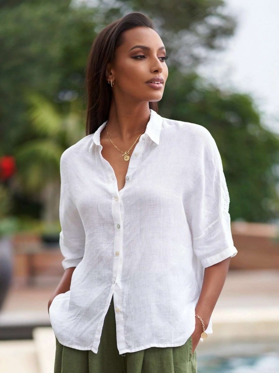 Shirts & Blouses * | 120% Lino Ada Crochet Linen Camp Shirt