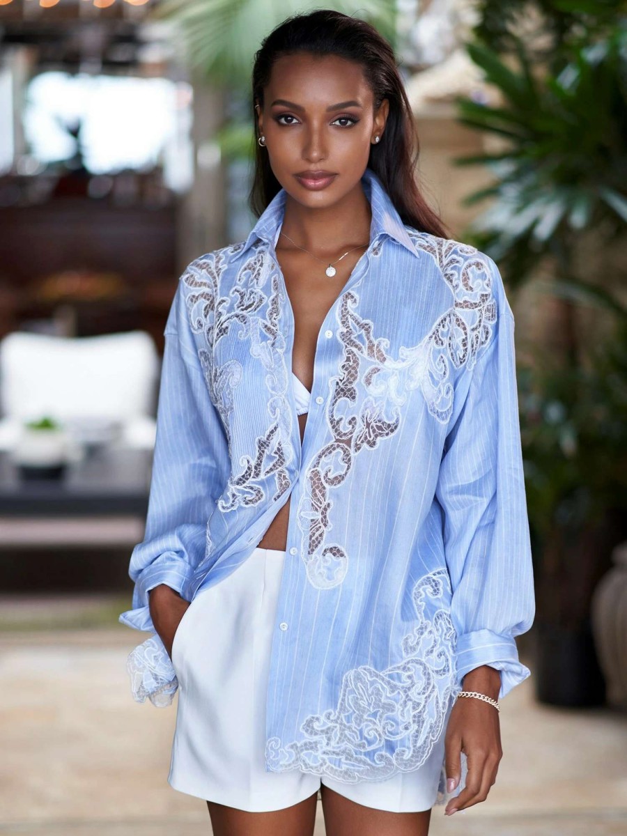 Shirts & Blouses * | Ermanno Scervino Elora Lace Linen Shirt Light Blue