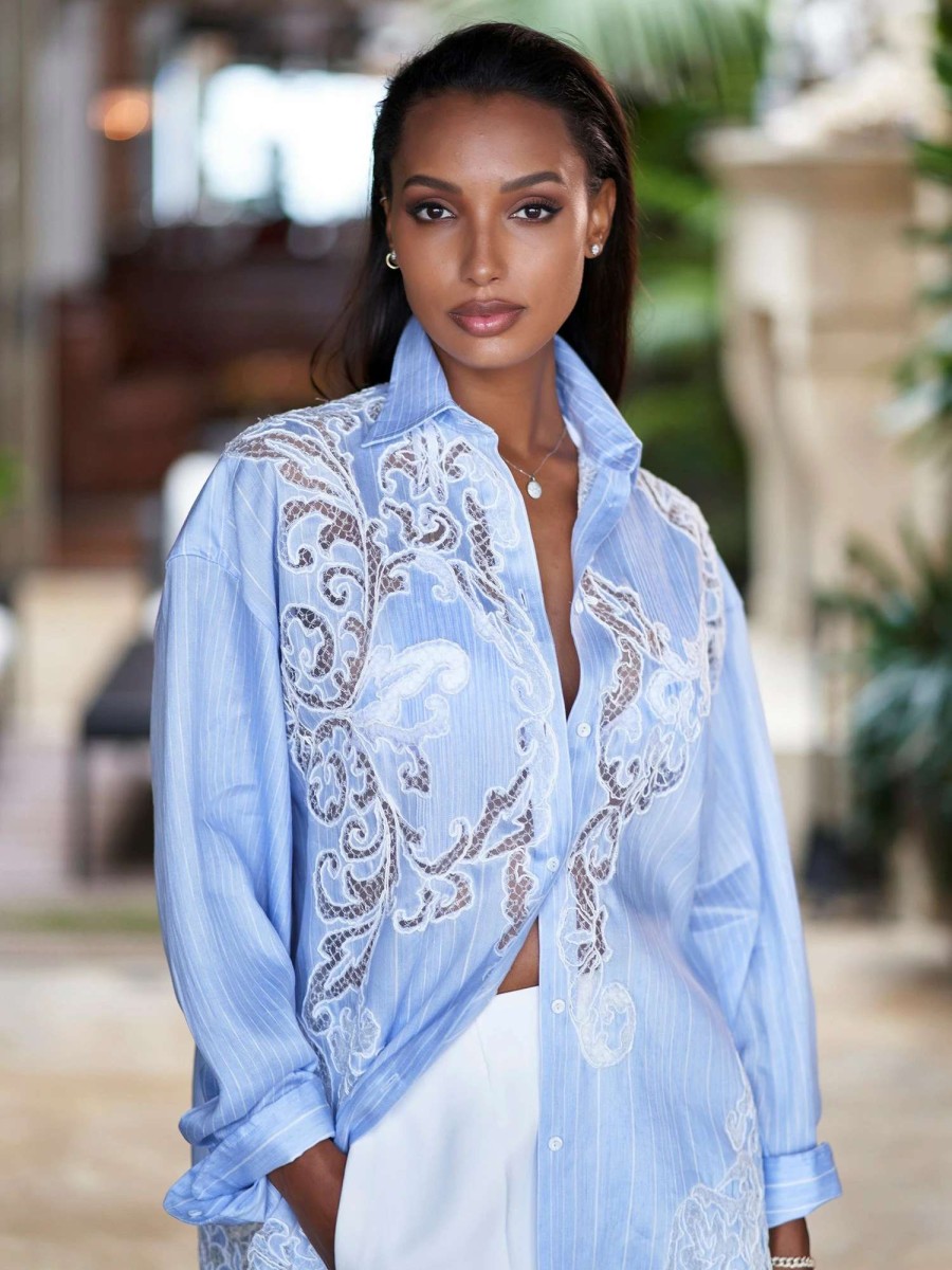 Shirts & Blouses * | Ermanno Scervino Elora Lace Linen Shirt Light Blue