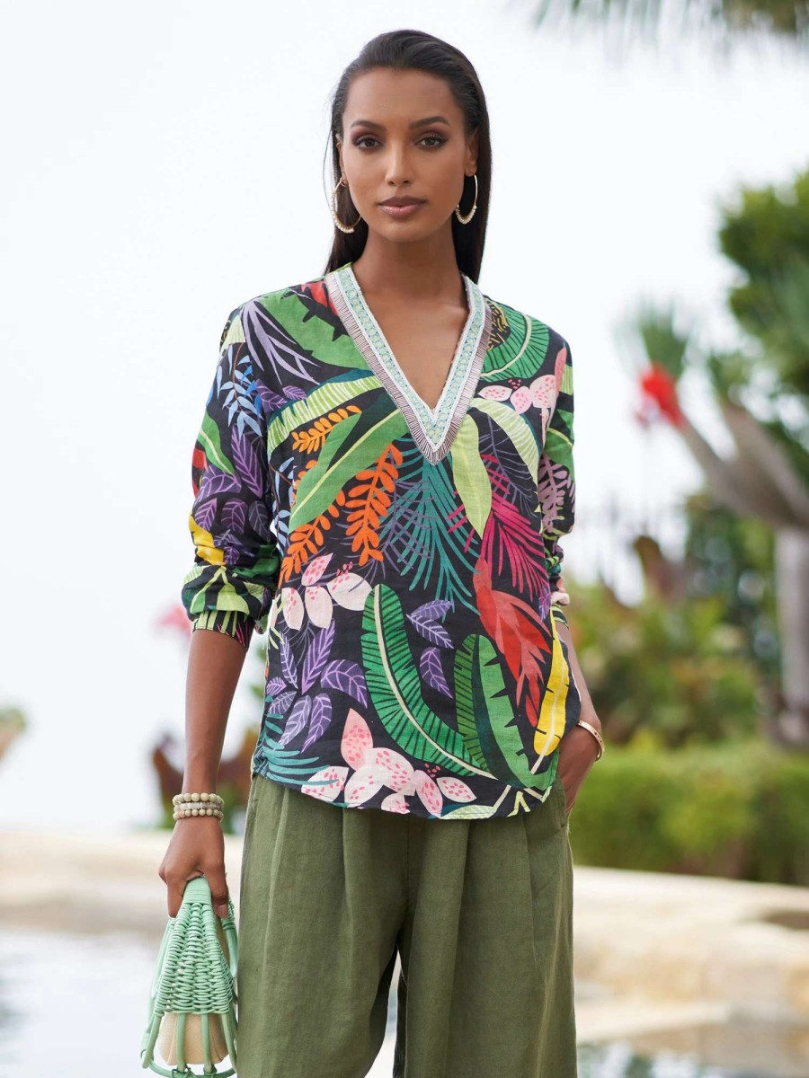 Shirts & Blouses * | 120% Lino Aisha Jewel Jungle Print Linen Top Black