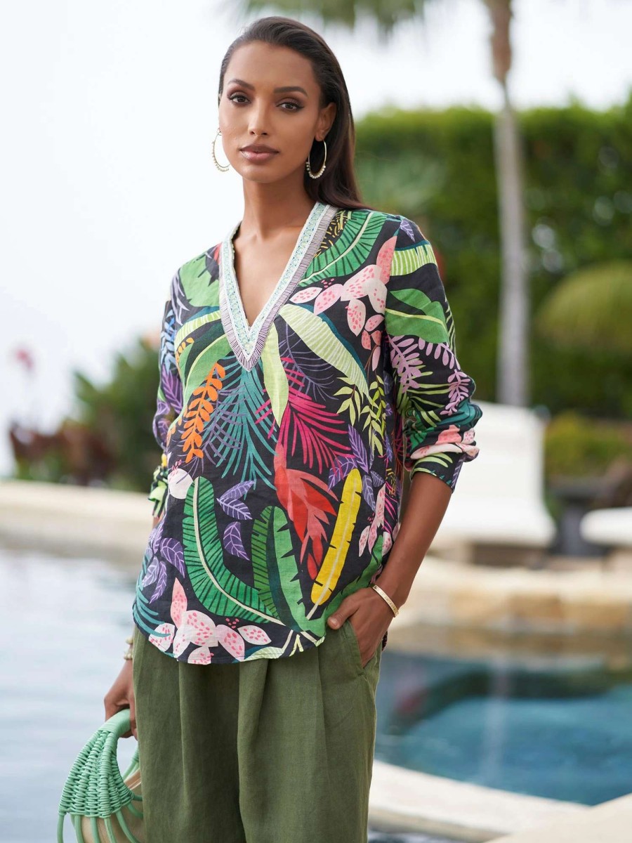 Shirts & Blouses * | 120% Lino Aisha Jewel Jungle Print Linen Top Black