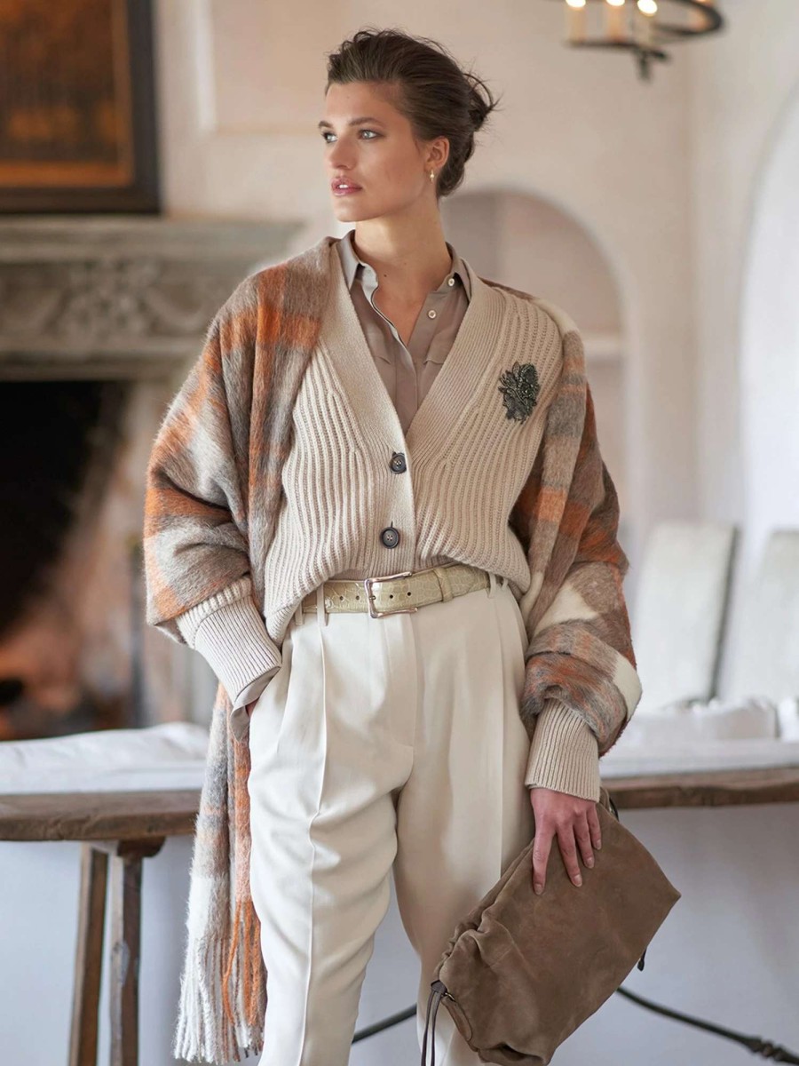 Sweaters * | Brunello Cucinelli Embroidered Monili Cashmere Cardigan Oat