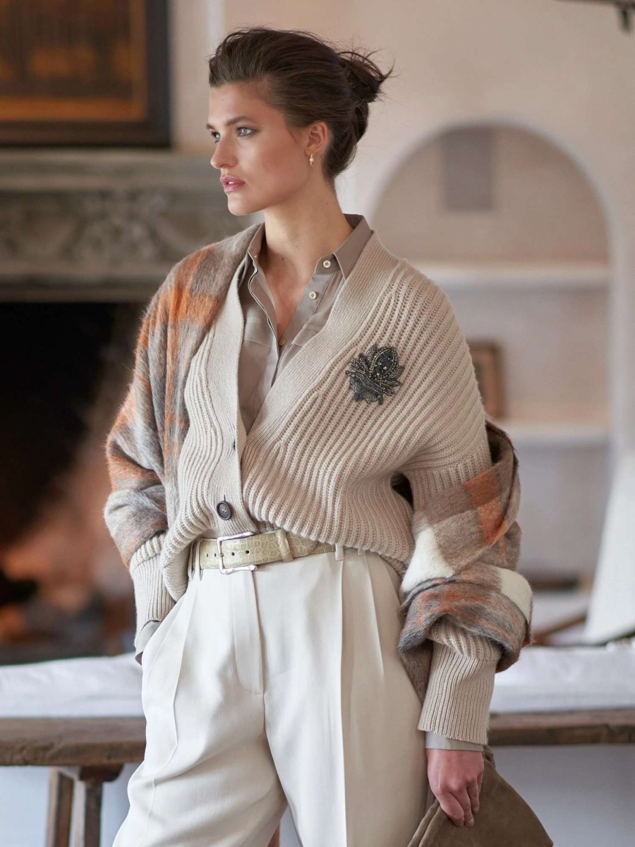 Sweaters * | Brunello Cucinelli Embroidered Monili Cashmere Cardigan Oat